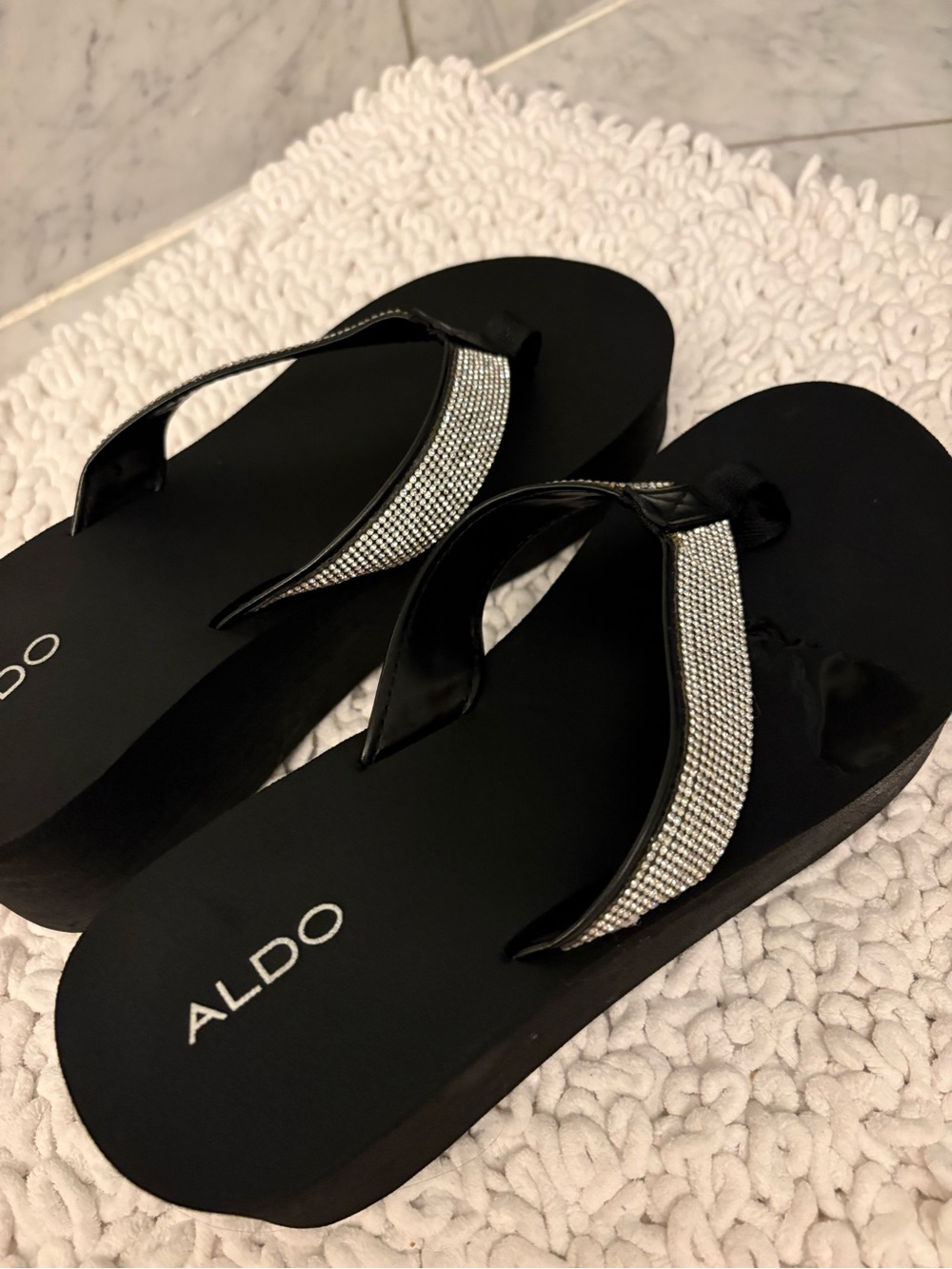Aldo Black Platform Flip Flops with Silver Rhinestone Straps